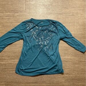 White Stag Teal Sequin Paisley Long Sleeve Top
